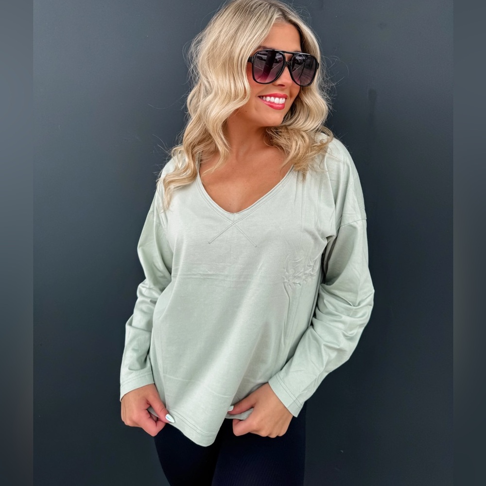 Parker Basic Washed Long Sleeve Tee In Sage | LG/XL